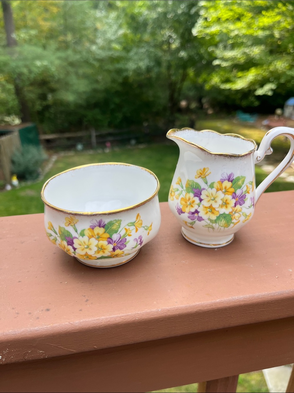 Porcelain Floral Sugar Bowl and Creamer Set - Yellow & Purple Royal Albert